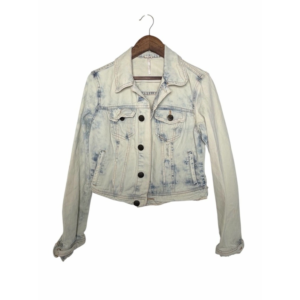 Free People Denim Jacket Womens Size 2 Light Blue Acid Wash Cropped Distressed